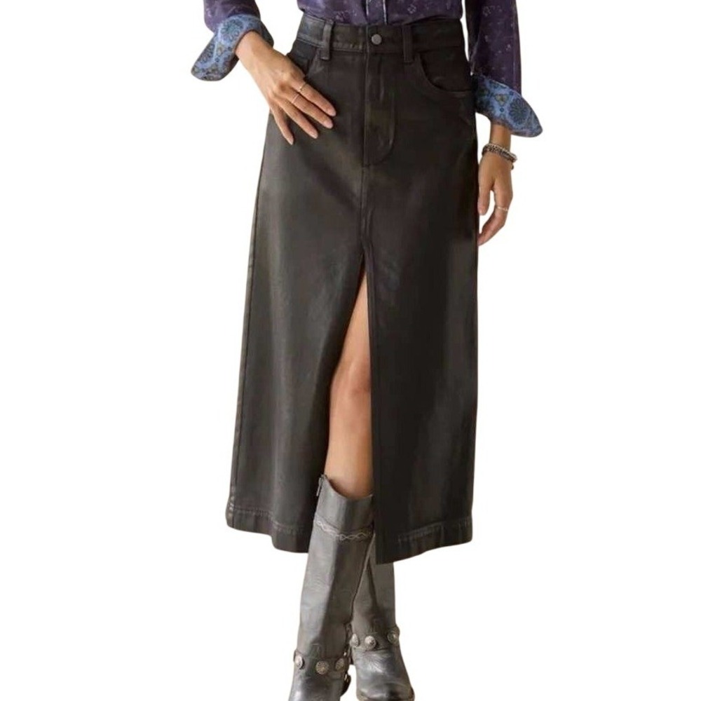 NWT Sundance Black Coated Denim Midi Skirt Front Slit Petite Size 29 Grunge